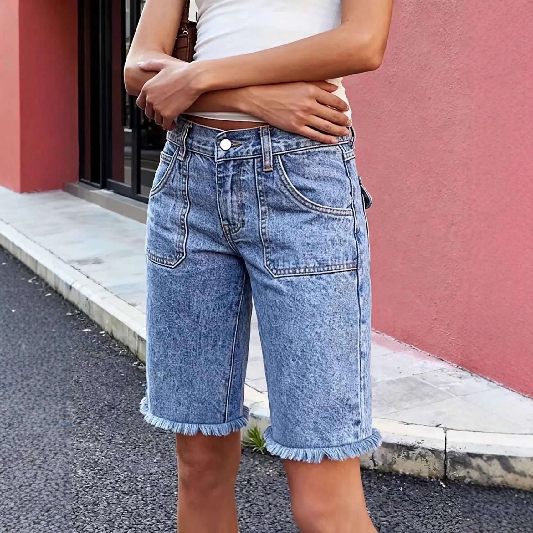 Summer Clothes Shorts Women's Shorts Distressed Light Wash Jean Shorts Mid Rise Frayed Hem Cutoffs Front Pockets For Woman