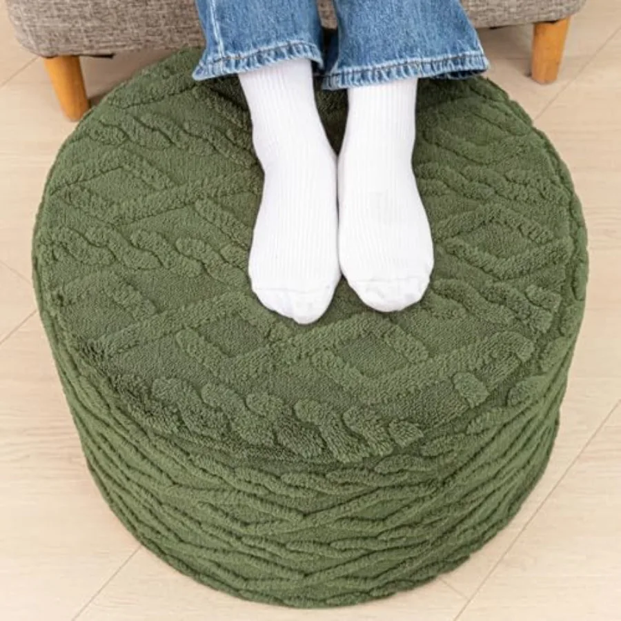 20x14 Round Foam-Stuffed Pouf Ottoman for Living Room, Bedroom, or Couch Modern Beige Fabric, Soft Comfort, Stylish Home Decor