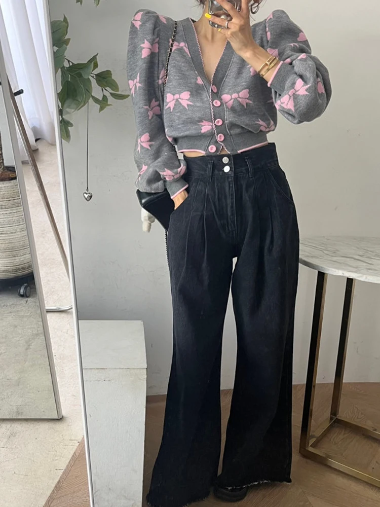 

Korean Sle Women's Autumn Winter New Faion Retro Pleated Wide Leg Casual Pants Loose Fit Long Jeans High Waist Blue