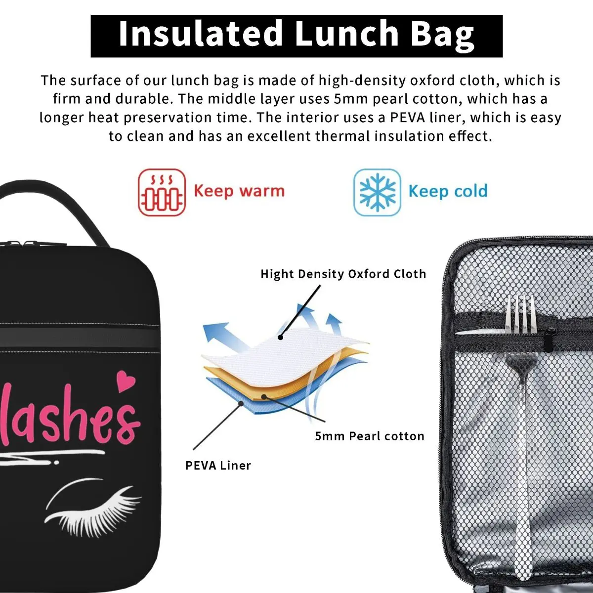 Lashes Eyelash Lash Artists Cosmetics Insulated Lunch Bag for Women Children Portable Food Boxes Thermal Lunch Box Tote