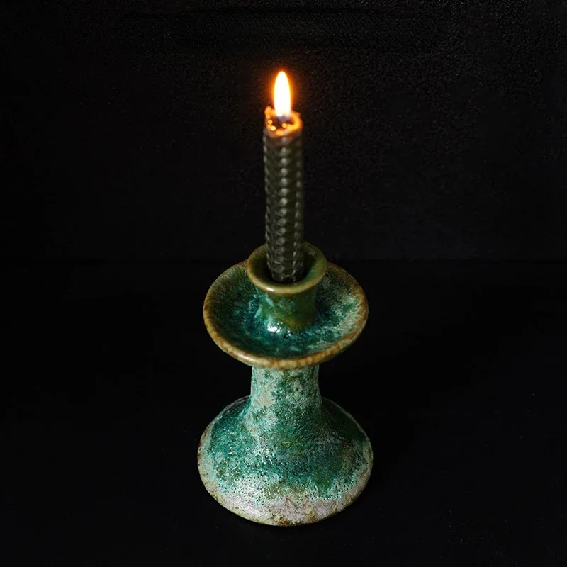 Nordic Kiln color changing green glazed coarse ceramic candle holder Homestay bar candlestick holders Atmosphere decorations