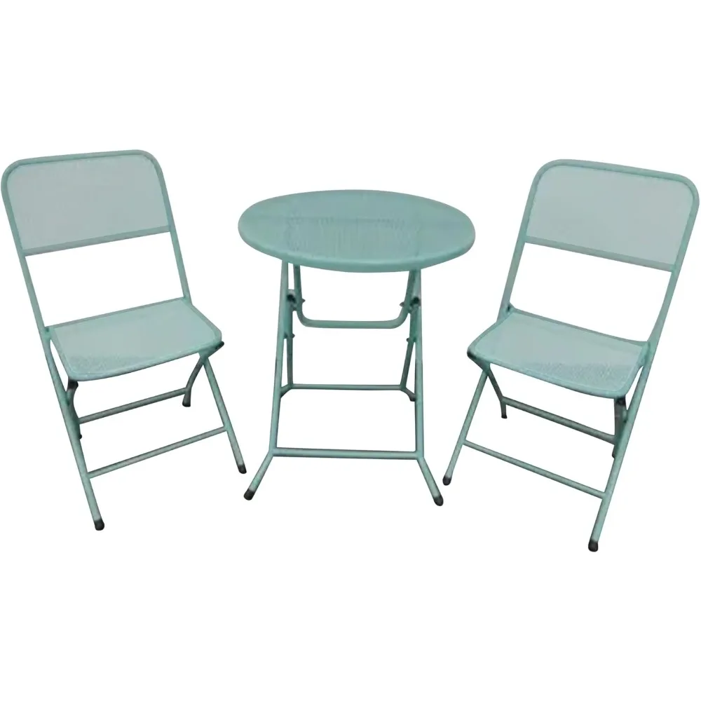 new Padova Foldable 3 Piece Powder Coated Steel Mesh Outdoor Patio Bistro Dining Set, Includes 1 Table and 2 Chairs, Blue