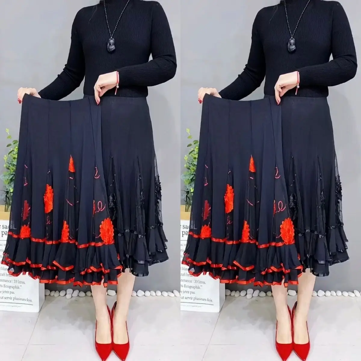 High End Ballroom Dance Square Dance Dress Performance Dress, High Waist To Cover The Belly, Slimming Half Body Skirt, Hanging