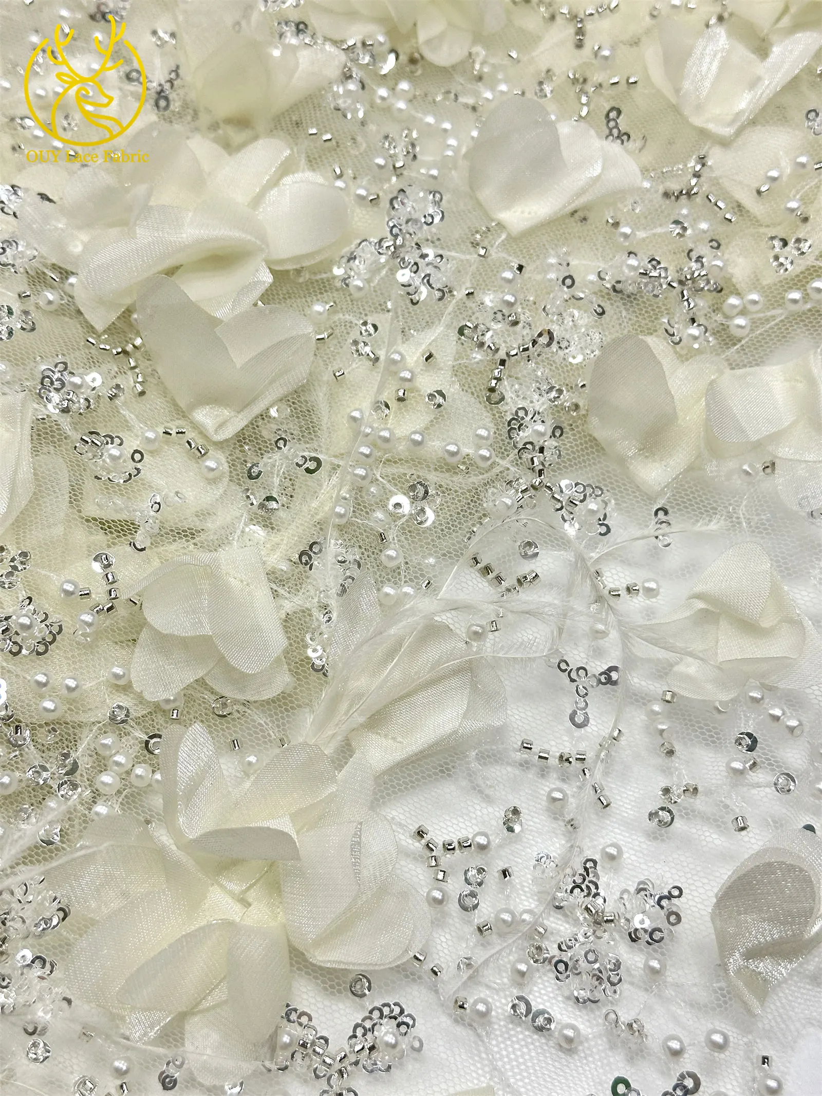 Eleganter handgefertigter 3D-Applikations-Spitzenstoff 2026, hochwertige französische Pailletten-Tüllspitze für Hochzeits- und Partykleider, 5 Yards – Detail 14