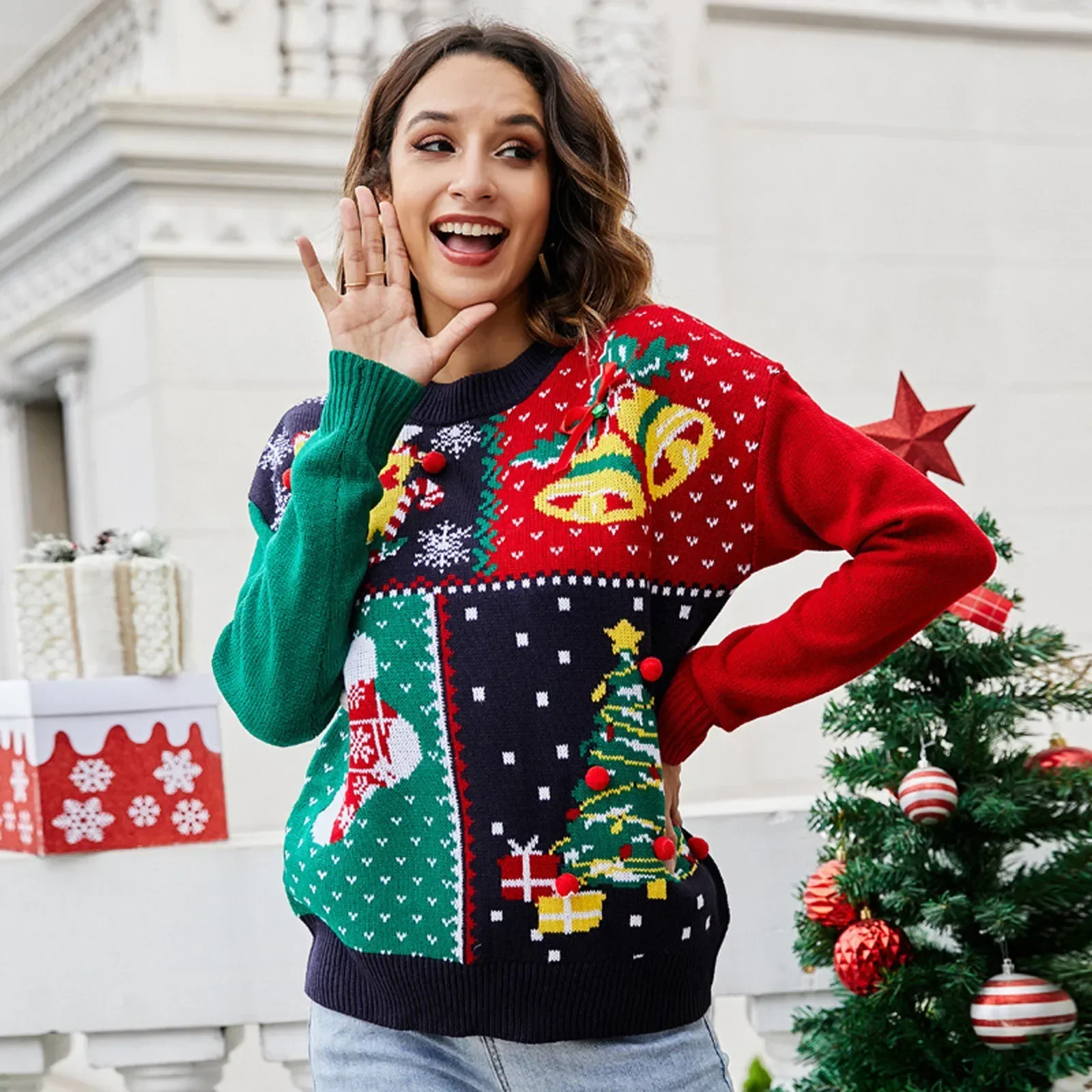 Pull court flocon de neige sur le sapin de Noël pour femme, pulls avec cloches, poitrine en cachemire, haut