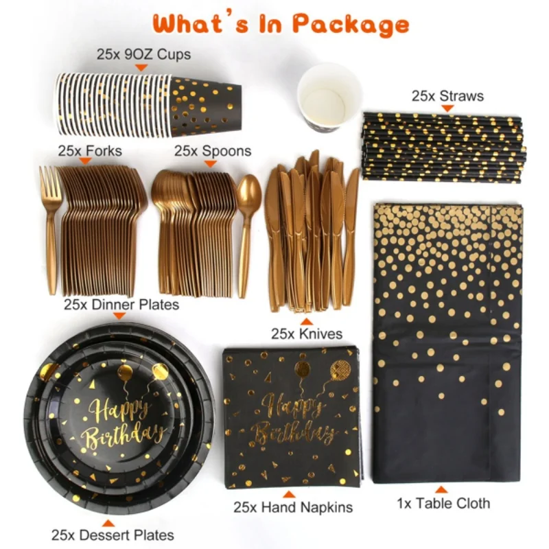 

201PCS Black Gold Birthday Party Supplies For 25 Guests Happy Birthday Disposable Dinnerware Set Paper Plates 9OZ Cups