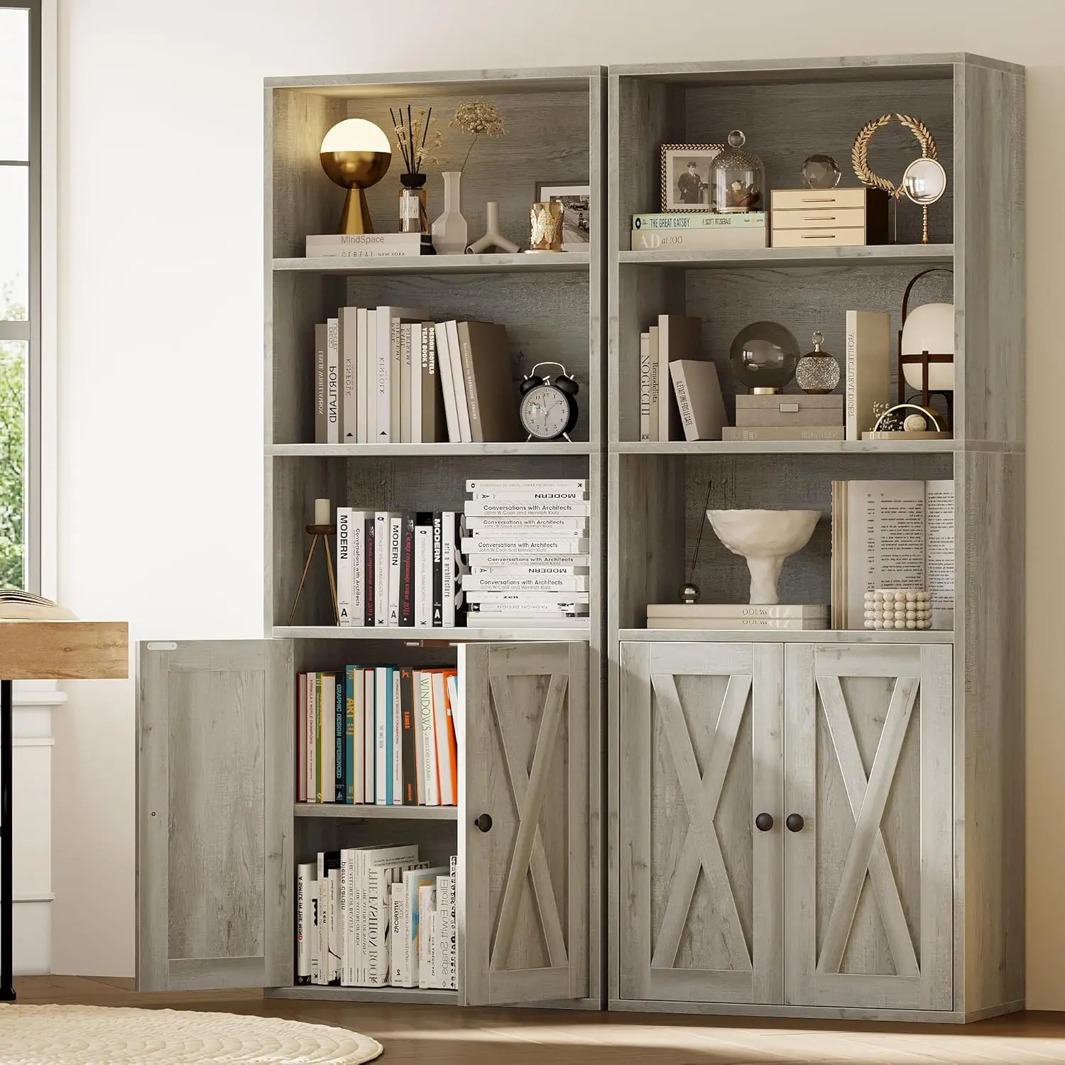 أرفف الكتب الصناعية IRONCK وخزائن الكتب مع الأبواب 11.8 بوصة مجموعة عمق من 2 أرضية واقفة و5 أرفف تخزين للعرض