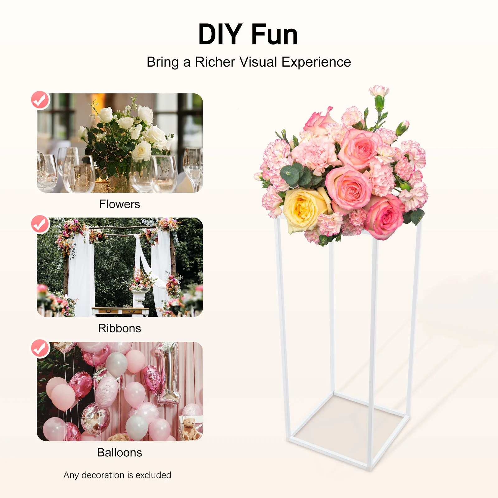 9.44*9.44*23.62in Metal Wedding Flower Stand with 10 Flower Display Stands and A Hammer Suitable for Weddings, Birthday Parties