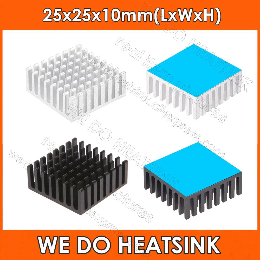 Wholesale 25x25x10mm Silver / Black Anodized Aluminum LED Miner Heatsink With Thermally Conductive Adhesive Transfer Tape