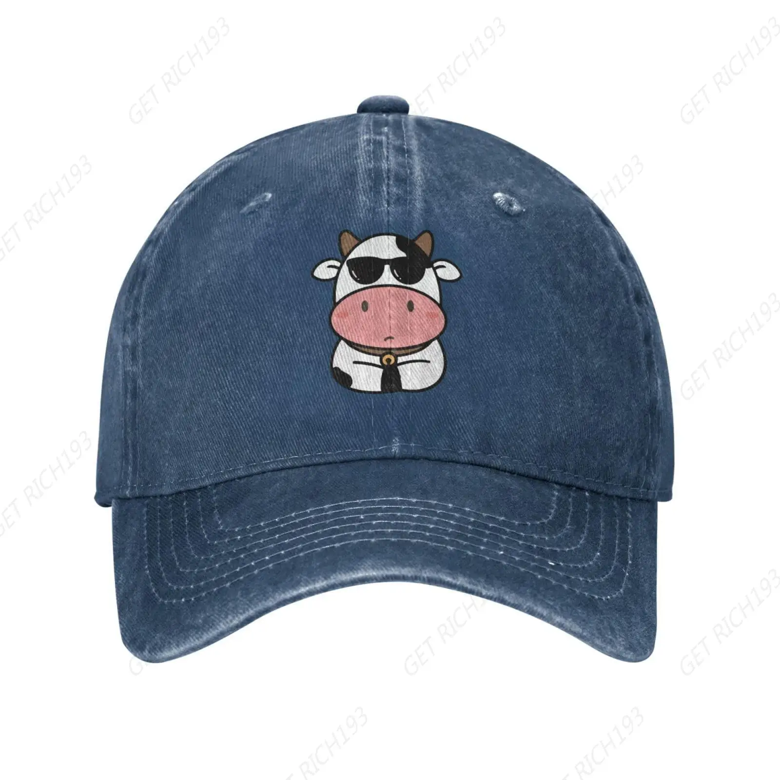 

Cute Cow Print Cool Navy Blue Vintage Distressed Adjustable Washed Denim Cotton Low Profile Mens Dad Trucker Hat For Unisex