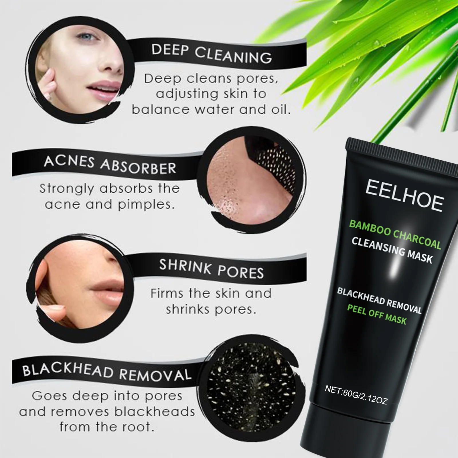 

EELHOE Bamboo Charcoal Blackhead Remover Peel Off Mask, Deep Cleansing Pore Minimizing Face Mask for T-Zone Acne