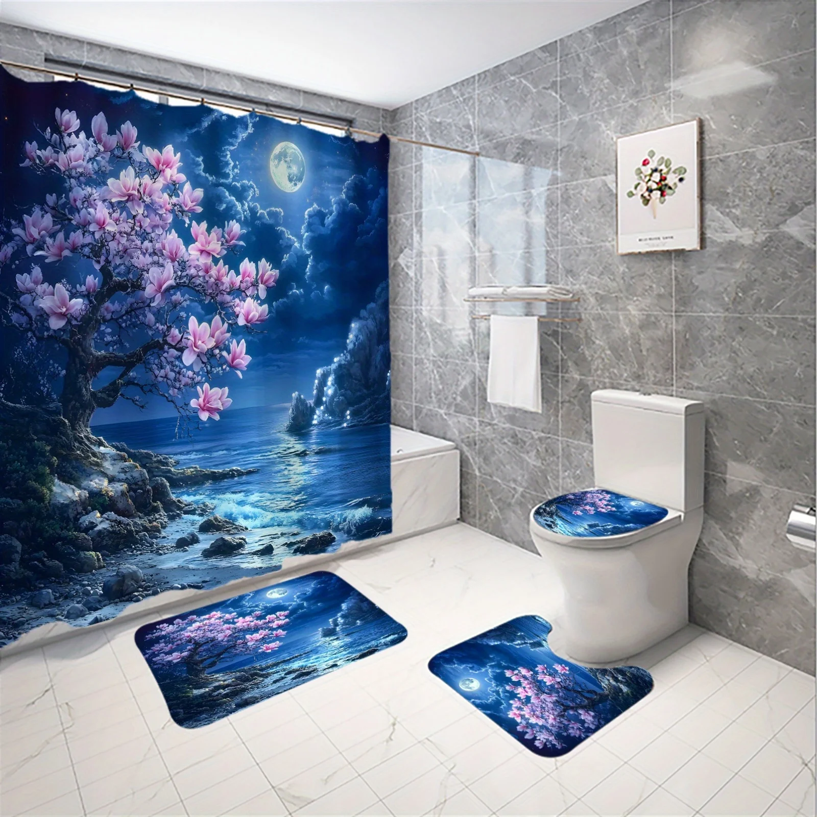 

4 шт. Moonlit Floral Tide Ocean Blue Sky Dream Night Pattern Набор занавесок для душа, занавески для ванной комнаты, декоративные для ванной комнаты
