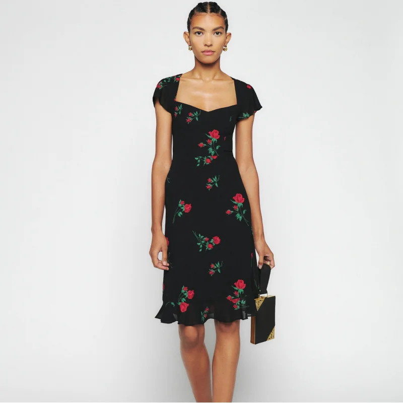 

Spot Goods485Summer New2025Printed Over--Knee Square Neck Mid-Length Dress French Retro Women's Fashion