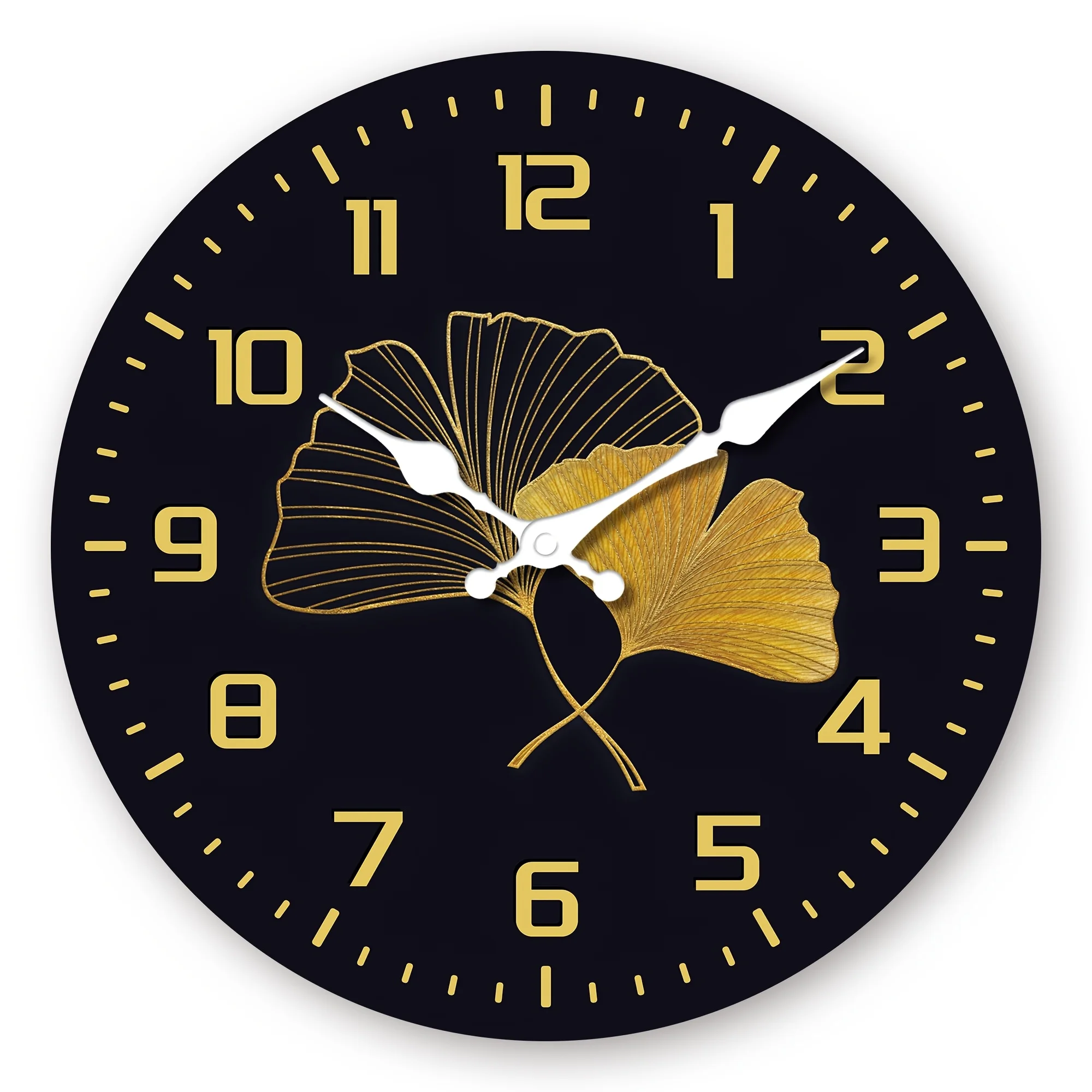 [Golden Ginkgo Leaf] 1pc Silent Golden Ginkgo Leaf Wall Clock | Fantasy Theme, Japanese Quartz Movement, Round Wooden Design, Suitable for Living Room, Bedroom, Kitchen, Home Office, Christmas, New Year Gift (AA Batteries Not Included)