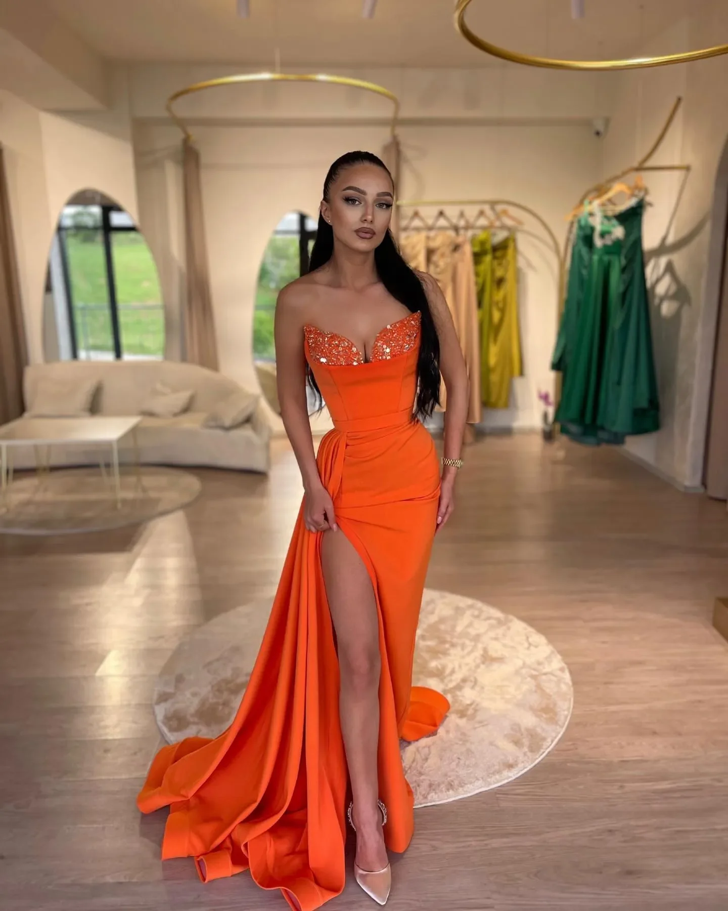 Robe de Bal Orange Élégante Personnalisée avec Paillettes, Tenue de Soirée Fendue