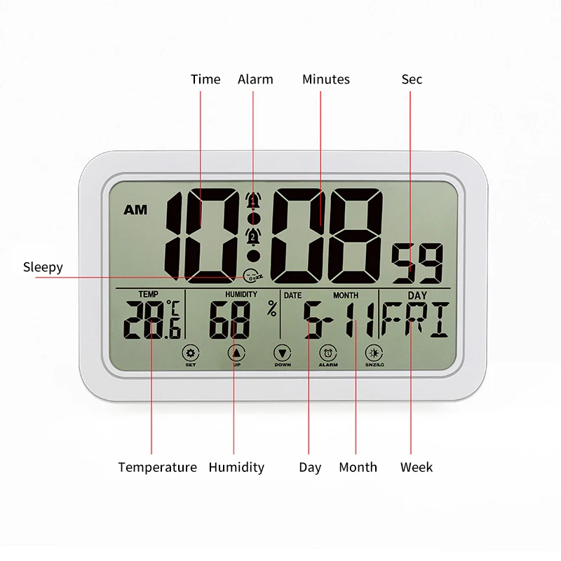 Large Number Electronic Wall Clock Temperature Humidity Display Snooze Alarm Clock Hanging/Desktop Digital Clock Battery Powered