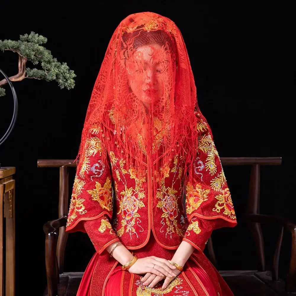 

Wedding Head Covers Scarf Ancient Red Veil Wedding Accessories Bride Veil Chinese Wedding Headwear Lace Veils Bridal Headwear