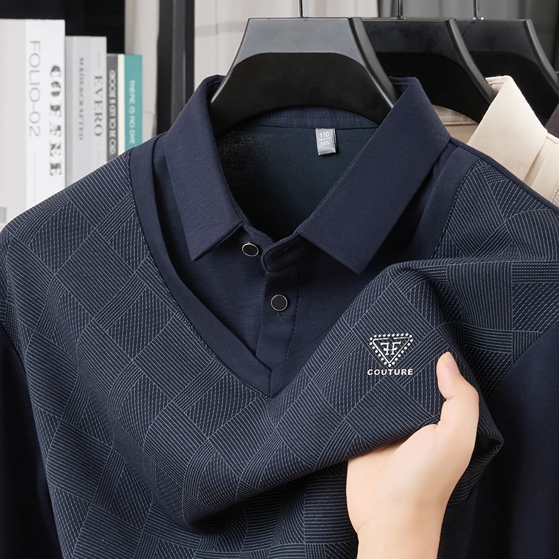 

High Quality Men's Polo Shirt Lapel Fake Two-Piece Long Sleeve T-Shirt Autumn New Exquisite Print Business Commute Menswear Top