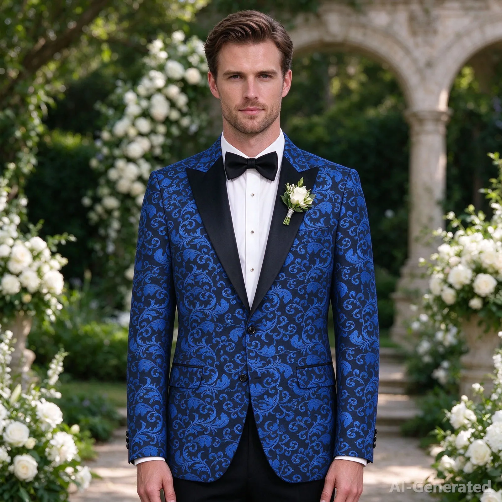 Men Floral Jacquard Tuxedo Jacket Satin Lapel Two Button Slim Fit Blazer Formal Business Suit Coat Groom For Wedding Party Prom