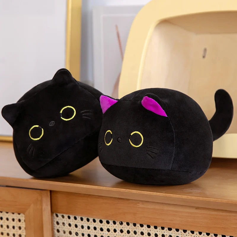 

9/15/25CM Small Cuddly Black Cat Plush Doll Cartoon Stuffed Round Ball Cat Plushie Girl's Bag Keychain Pendant Toys