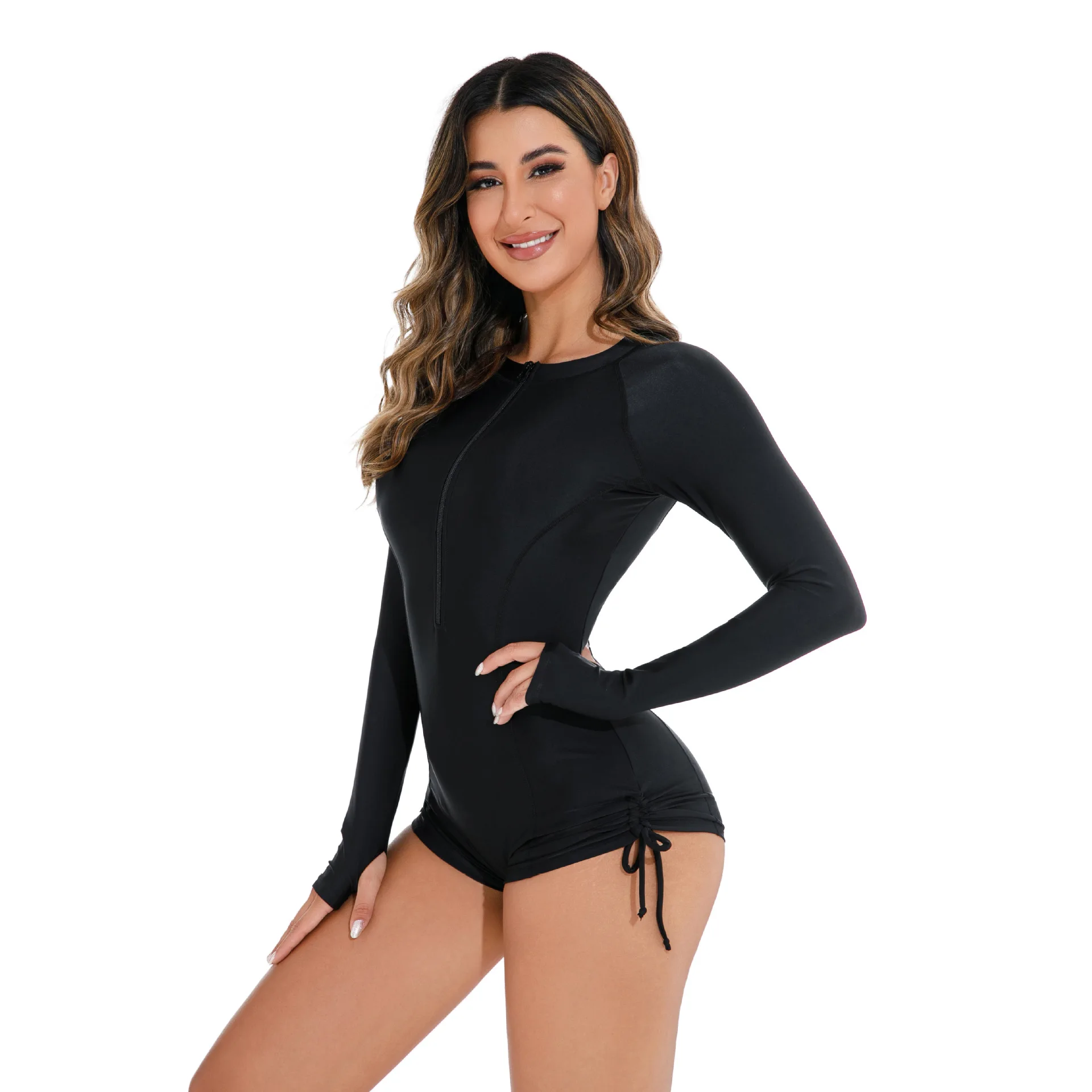 Women One Piece Swimsuit Solid Color High Waist Long Sleeve Elastic Hot Spring Dress Plus Size Lady Swimwear