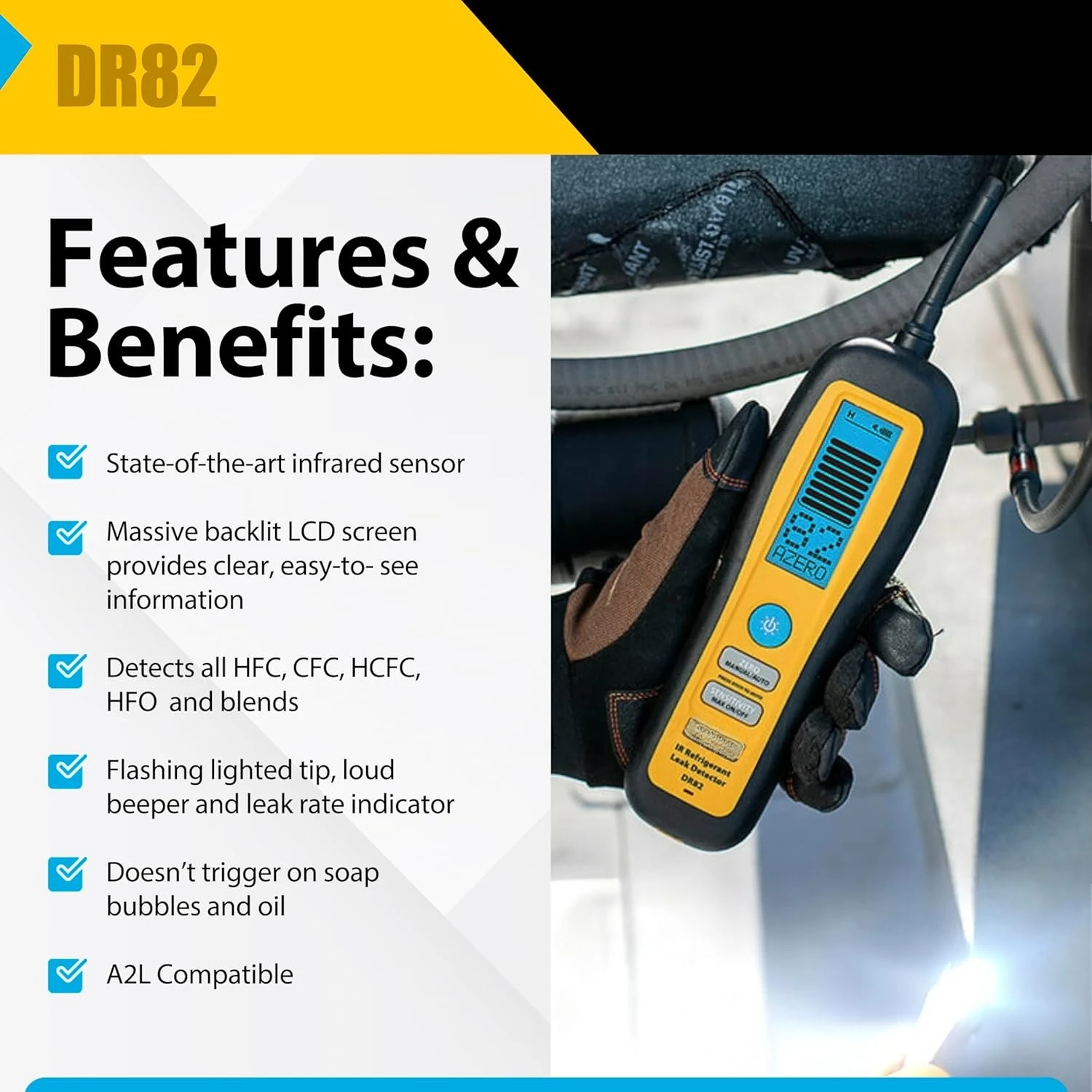

DR82 Infrared Refrigerant Leak Detector - Ultra-Sensitive Leak Sniffer with Large, Backlite LCD Screen - Lightweight HVAC Tool