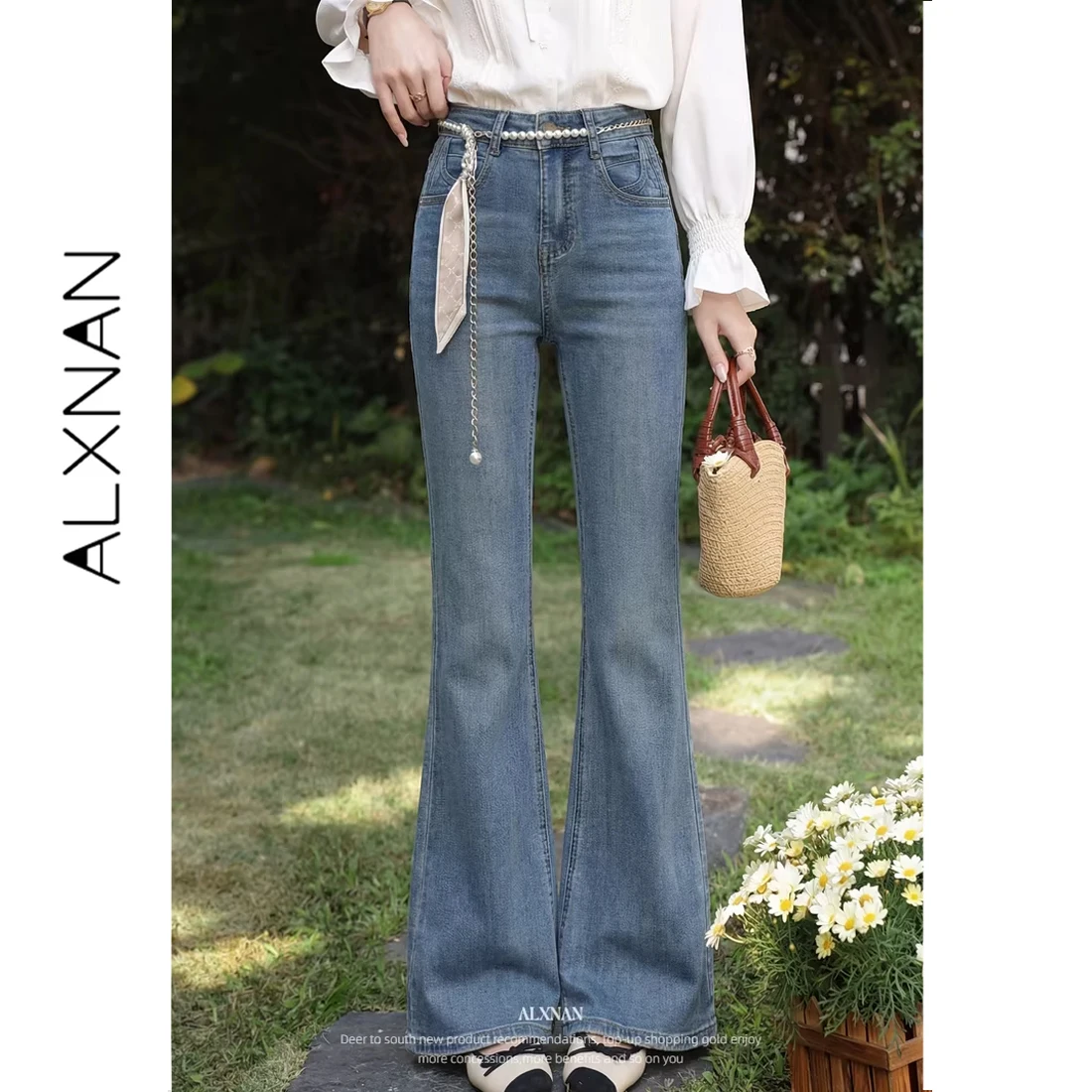 ALXNAN Women's Vintage Blue Flared Jeans High Waist Casual Denim Pants 2026 Classic Retro Trousers Wide Leg Baggy Pants L61781-3