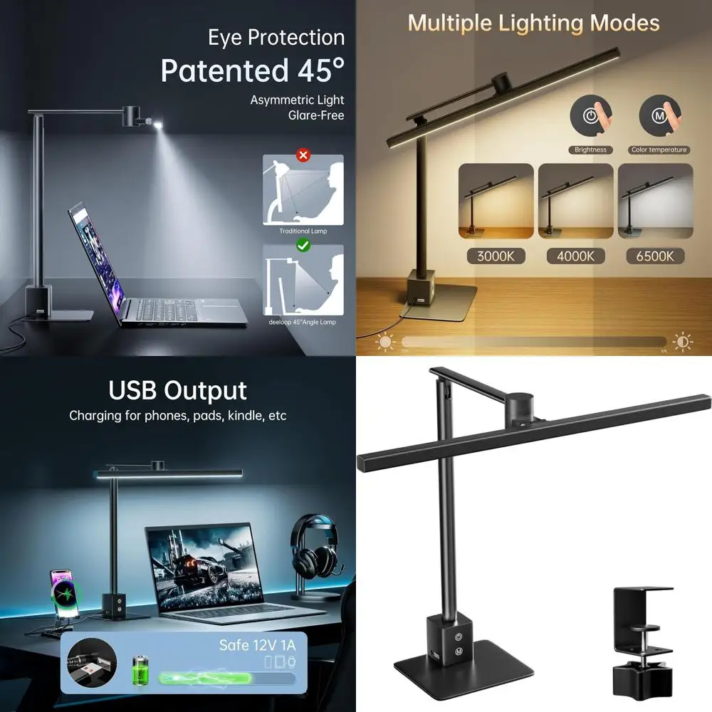 

2-in-1 LED Desk Lamp with Clamp and USB Charging, 95+ CRI Sunlight Spectrum, 45° Asymmetric Glare-Free, Memory Dimming, 3-Axis A