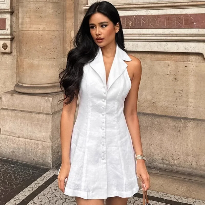 

French-style Cotton and Linen New Halter Sexy Backless Dress2025Spring and Summer Fashion Wholesale Short Skirt for Women