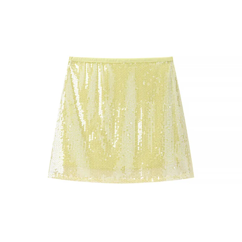 Women's Shiny Sequin Mini Skirt Spring Summer Light Yellow Bodycon Skirt for Party Clubbing Night Out Eye-Catching Outfits