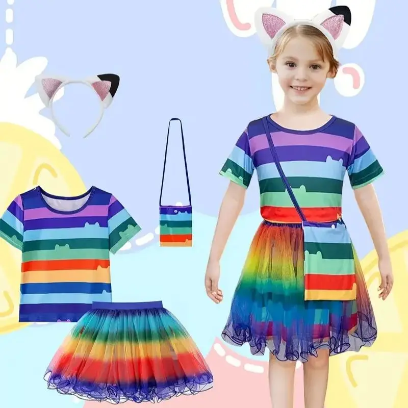 

Gabby Costume Girls Short Sleeve Striped T-Shirt+Rainbow Tutu Skirt+Bag Cat Ears Headband For Halloween Carnival Birthday Party