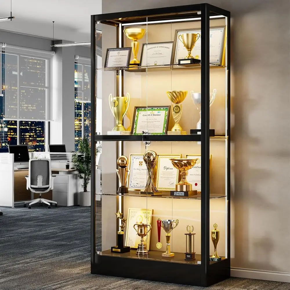 65 H 4-Tier Glass Display Cabinet with Adjustable Shelves, Lockable, Lighted for Collectibles, Black
