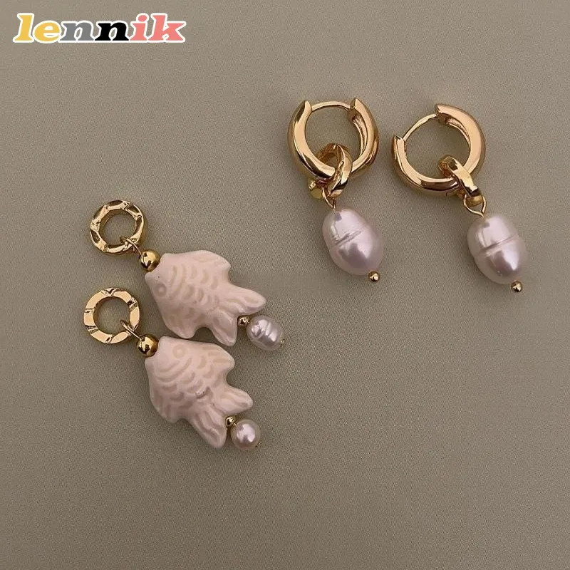 LENNIK European Stainless Steel Earrings Set, Fish/Starfish/Pearl Design, New Gold - Plated Color - Fast,Stylish Women’s Jewelry