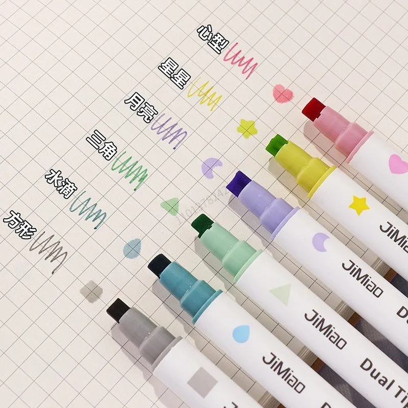 6 Colors Double Headed Art Stamp Markers Highlighter Pen Star/Heart/Moon/Drop/Square for Scrapbook Diary Poster Christmas Card