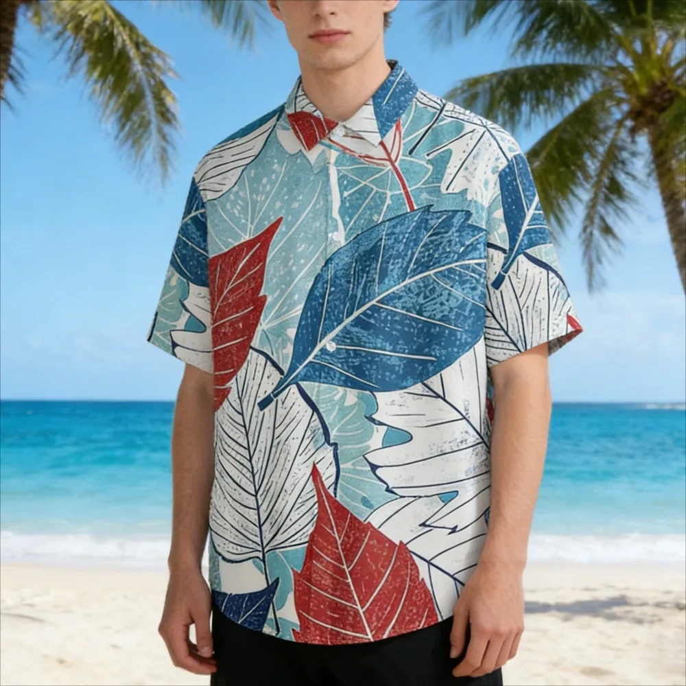 

Men's Stylish Vacation Shirt Colorful Leaf Pattern Short Sleeve Top Hawaiian Lightweight Casual Beachwear for Tropical Holiday