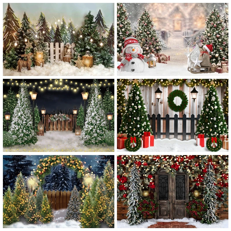 Winter Christmas Photography Backdrop Xmas Rustic Barn Wood Door Xmas Tree Snow Kids Adult Family Party Banner Decor Background