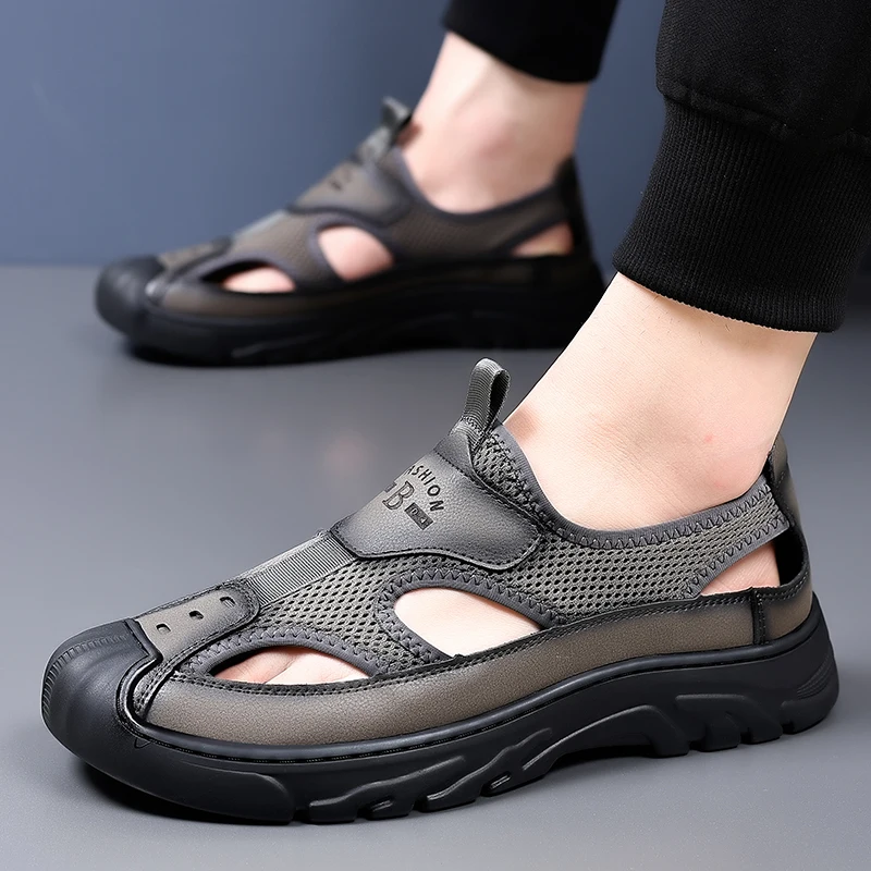 

Summer Men's Cowhide Roman Fly Woven Hollow Outdoor Casual Toe Sandals 2024 Fashionable Men's Comfortable Anti Slip Beach Shoes