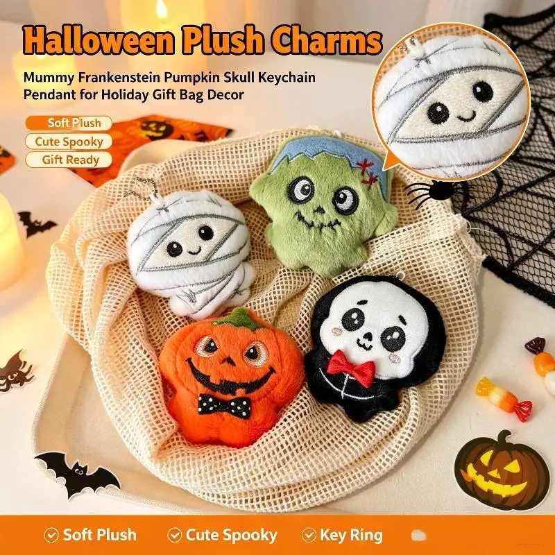 Halloween Plush Keychains Cute Cartoon Styles Soft Fluffy Portable Key Rings for Halloween Party Souvenir Backpack Decor