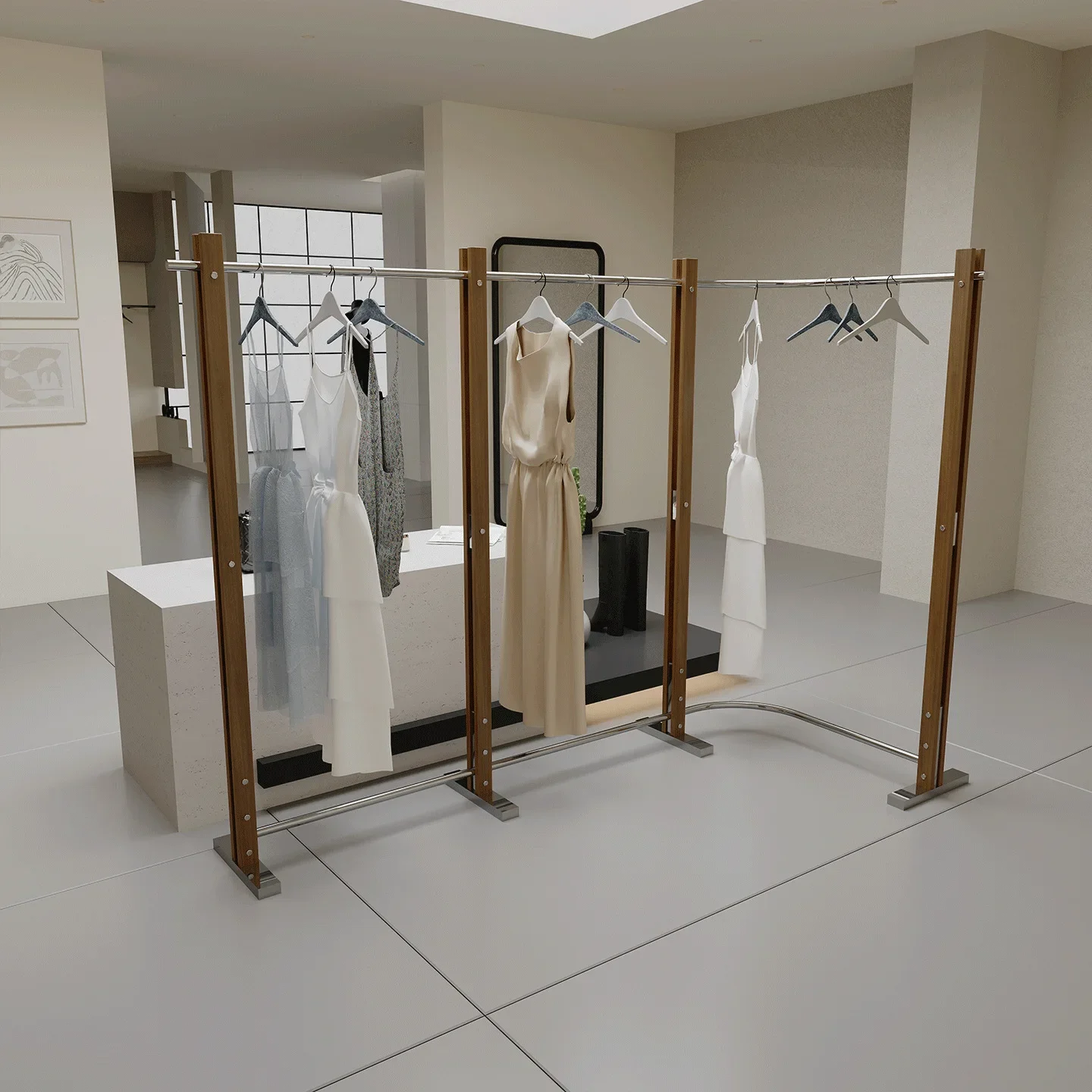 Medieval style curved Zhongdao shelf, L-shaped display rack in the middle of the store, men's and women's clothing hanger