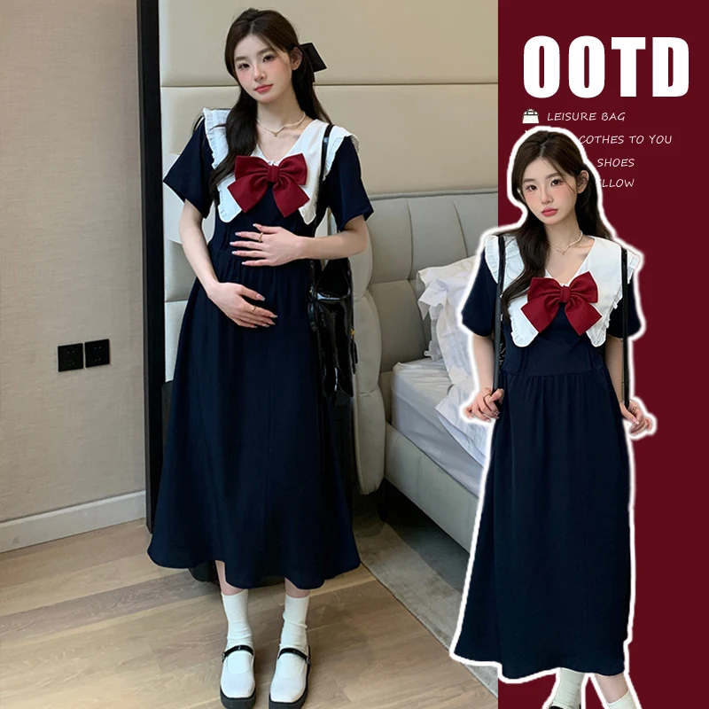 Summer Preppy Style Bowknot Sailor Collar Maternity A-line Dress Fashion Long Loose Pregnant Woman Preppy Style Dress Wholesale