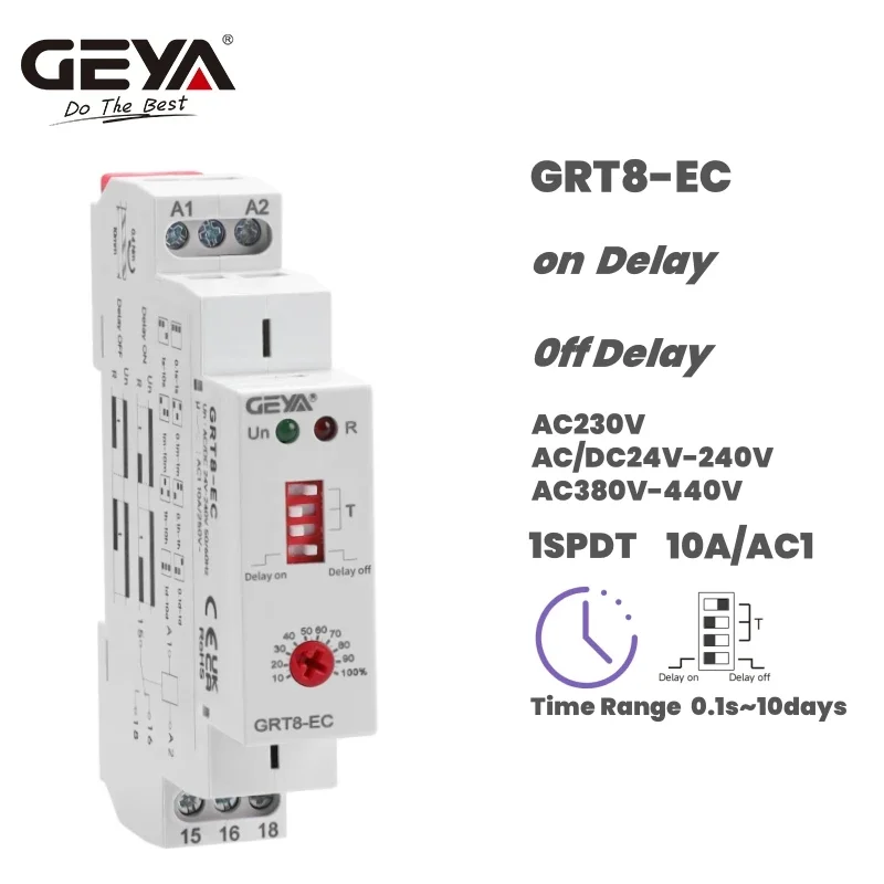GEYA GRT8-EC 10A przekaźnik czasowy opóźnienia lub wyłączania AC220V/DC24V AC380V ACDC24V-240V przekaźnik czasowy CE CB ROHS