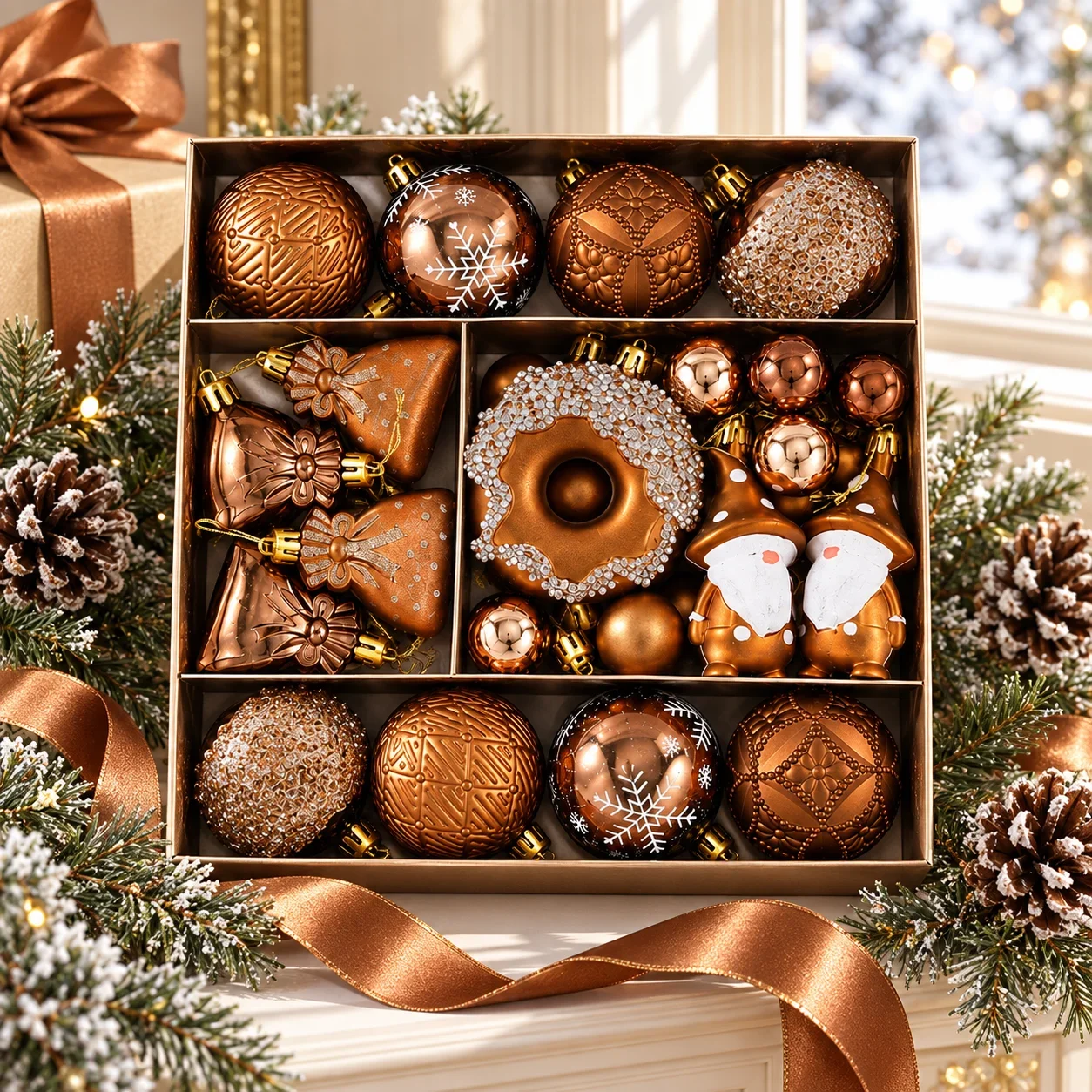60Pcs Holiday Deco Bronze Copper Shatterproof Christmas Ornaments Set Multi Shapes Tree Hanging Balls Gnome Donut Snowflake Gift