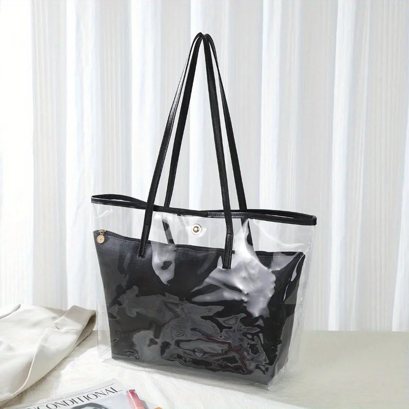 

New simple transparent jelly bag with inner bag trendy simple shoulder handbag fashionable versatile solid color tote bag