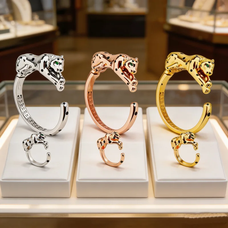 Fashion Style Jewelry Sets Women Lady Inlaid Cubic Zircon Green Eyes Black Patches Leopard Open Ring Bangle Bracelet For Party
