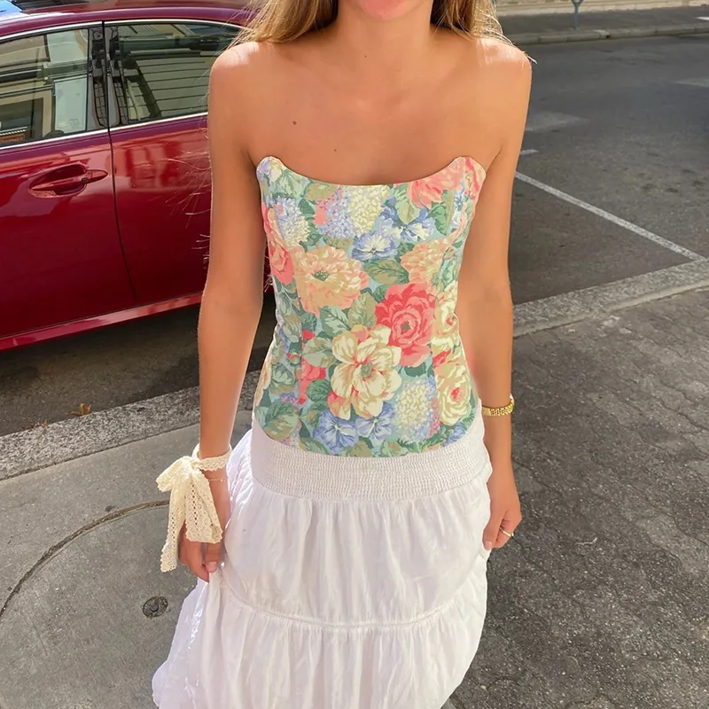 Oil Painting Floral Print Tops Y2K Tube Top Summer Off-shoulder Vest Slim Clubwear High Street Woman's Corset Strapless Crop Top