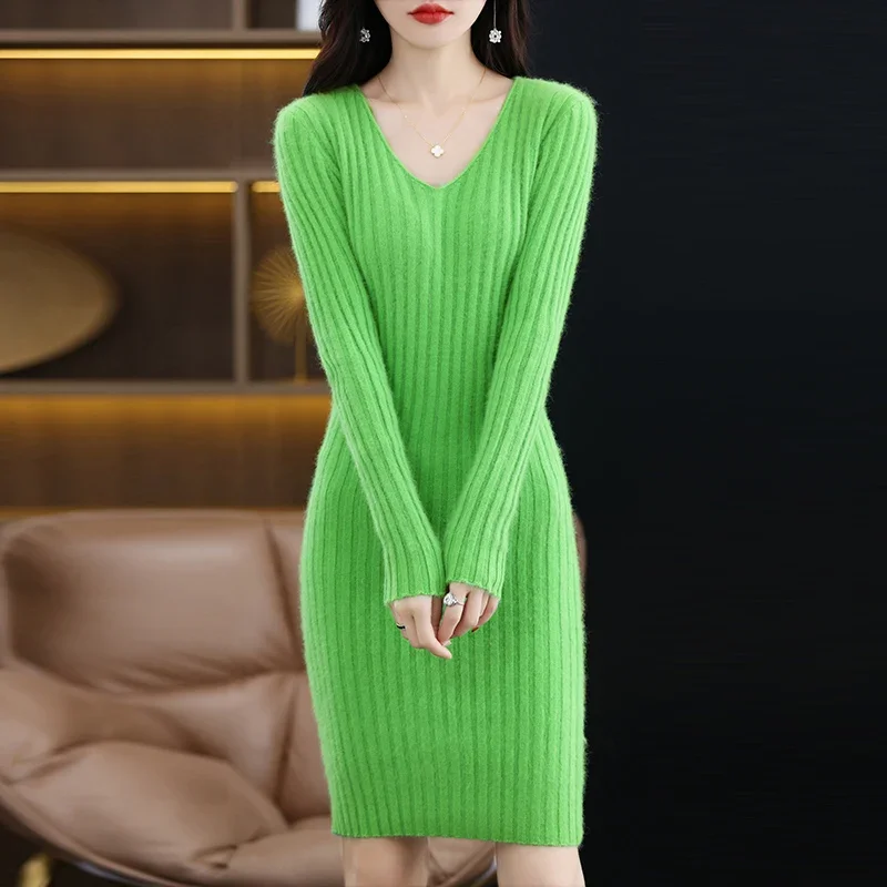 2023 Mink Cashmere Sweater Ladies V-Neck Solid Color Long Knit Skirt Pullover Sweater Autumn And Winter New Bottoming Dress