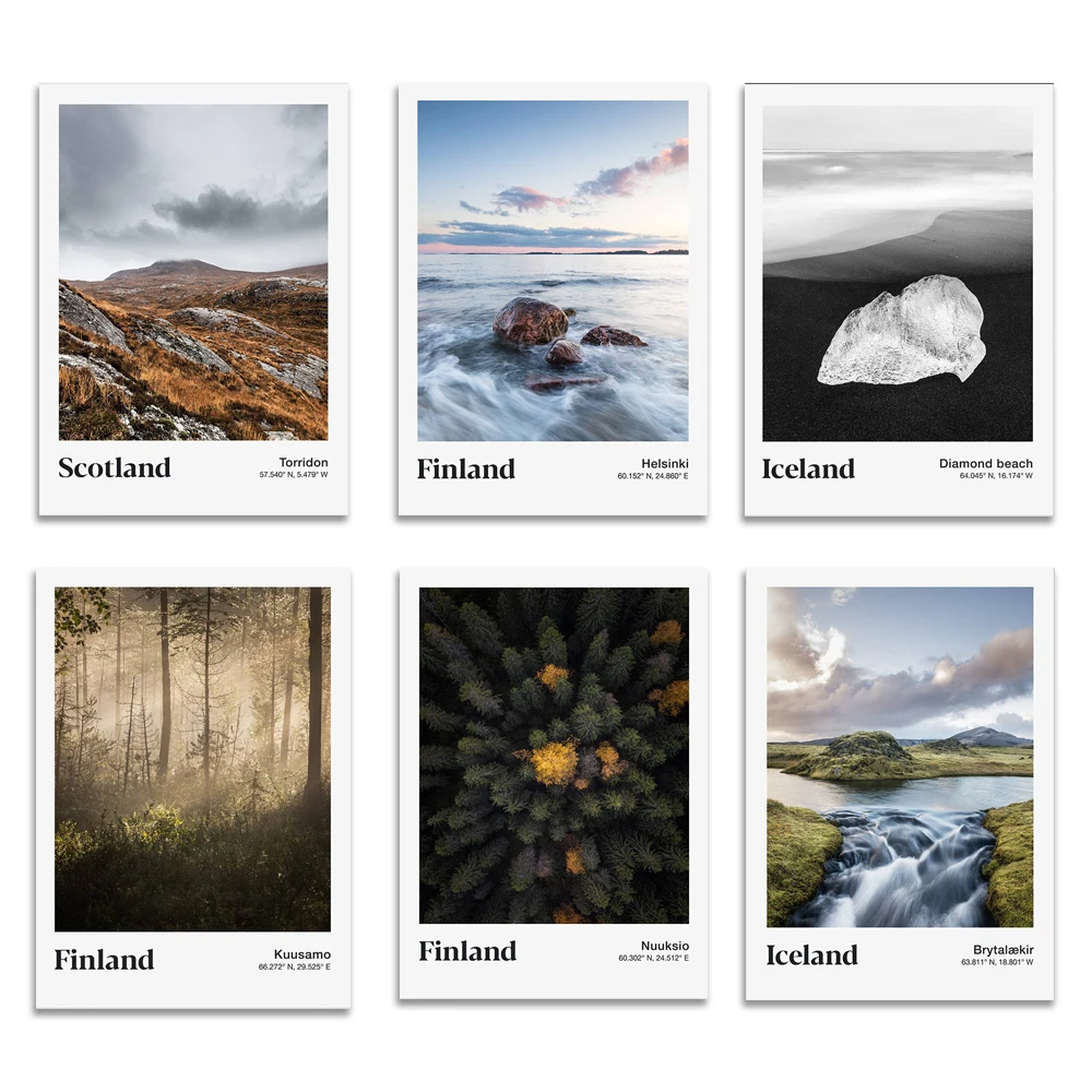 Faroe Islands, Iceland, Norway, Finland, sunset, mountain landscape with waterfall cliff, nature photography print travel poster