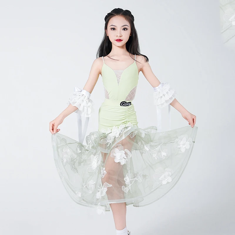 

Girls Latin Dance Costume Sleeveless Top Skirt Split Suit Standard Ballroom Dress Dancing Competition Suit Stage Wear VDL296