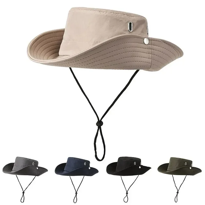 

Windproof Men Outdoor Hat Wide Brim Flat Top Men Camping Hat Letter Print Anti-UV Strap Hollow Out Men Fisherman Hat Headwear