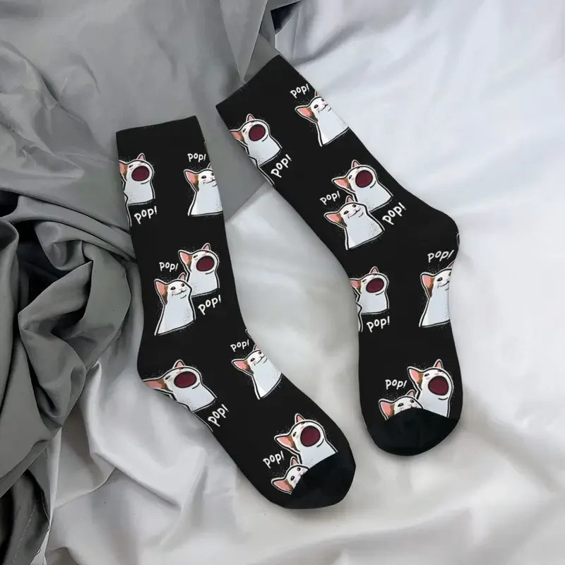 Y2K Autumn Winter Retro Unisex Popping Cat Meme Cute Kitten Mouth Sweat Absorbing Football Socks